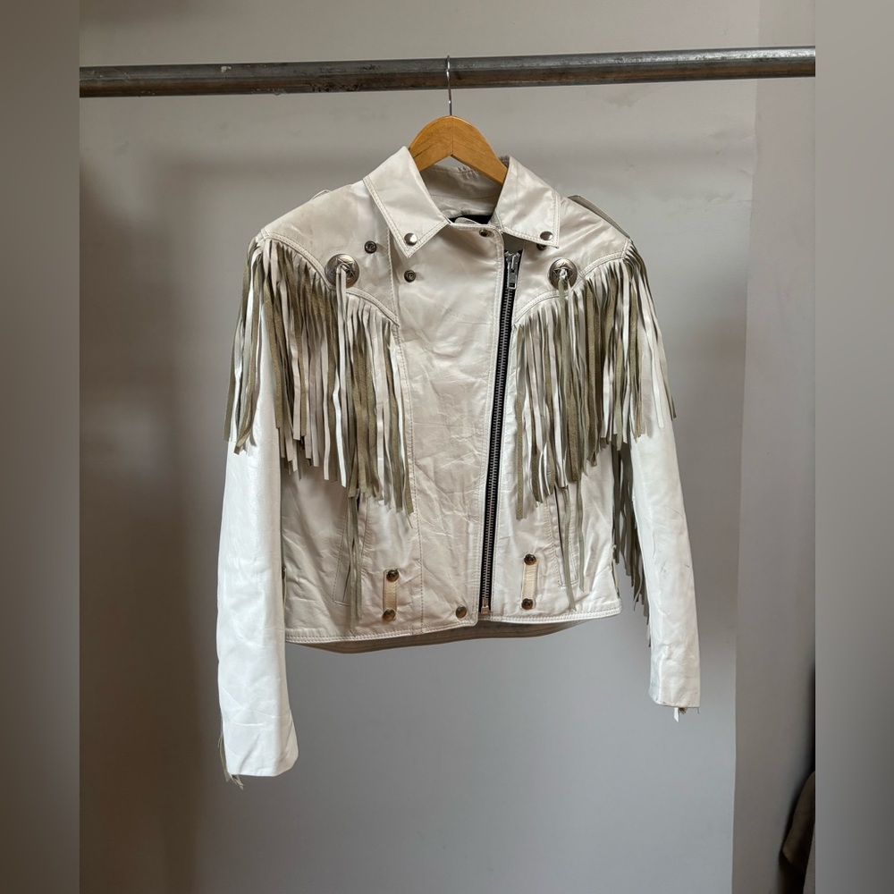 White Golden Crown by Bristol Fringe Leather Jacket - Size S